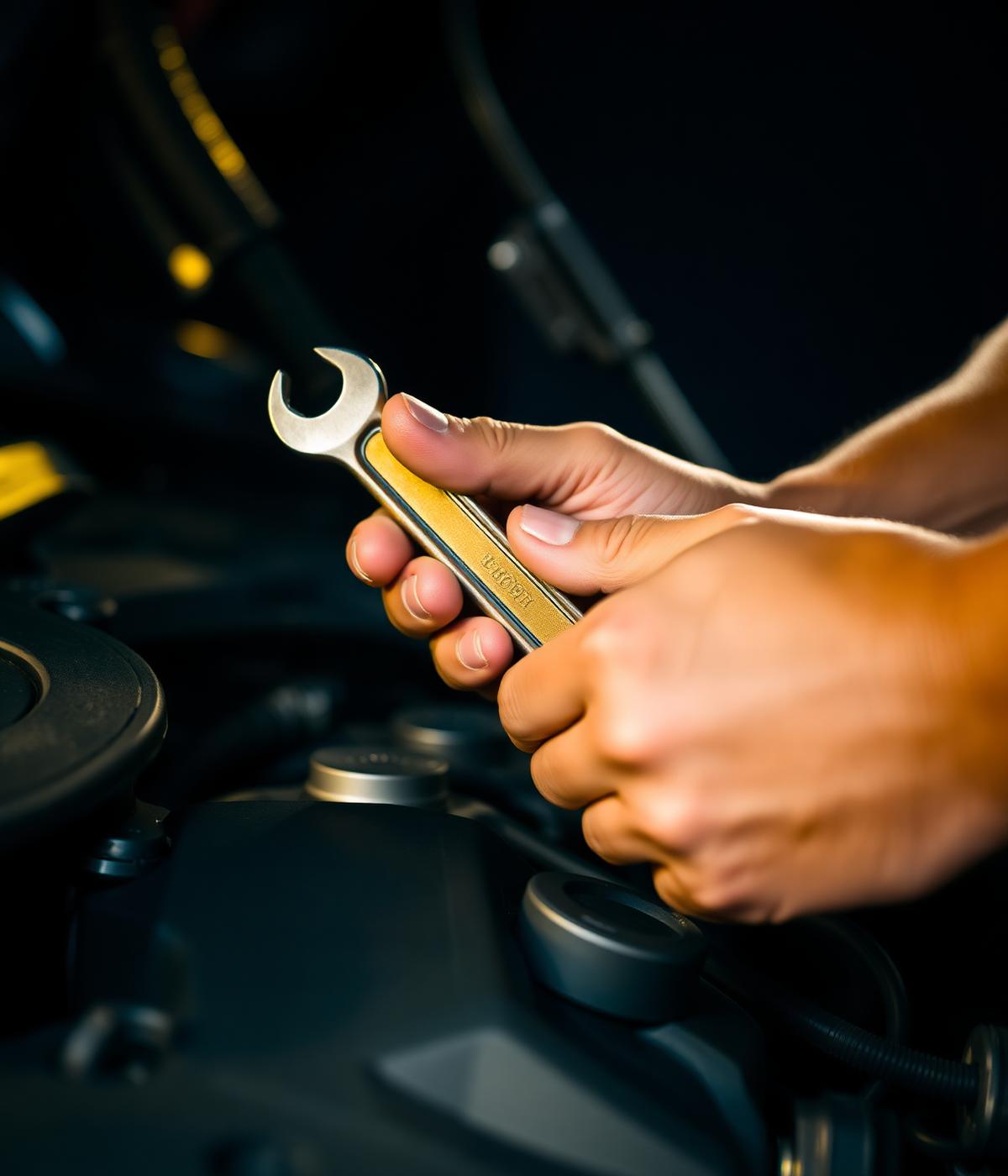 Mechaniker arbeitet mit Schraubenschlüssel am Motorraum